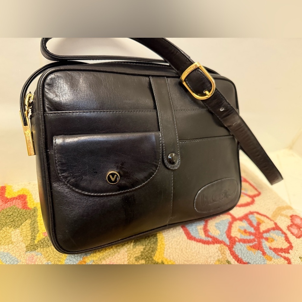MARIO VALENTINO Unisex Rare Vintage Black Leather Satchel Crossbody - Picture 4 of 16